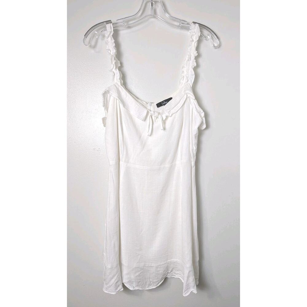 Lulus Mini Dress Size XL White Ruffle Strap Linen Blend Lined Keyhole Tie Front